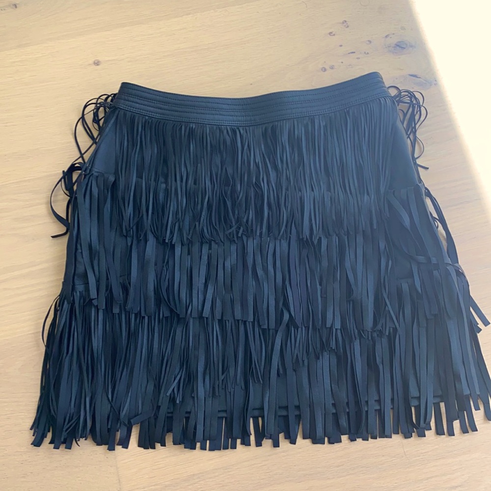 H&M black faux leather fringe skirt size 4